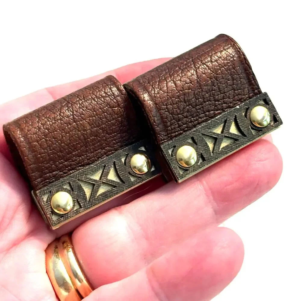 Vintage cufflinks brown leather wraps gold geometric details unique statement